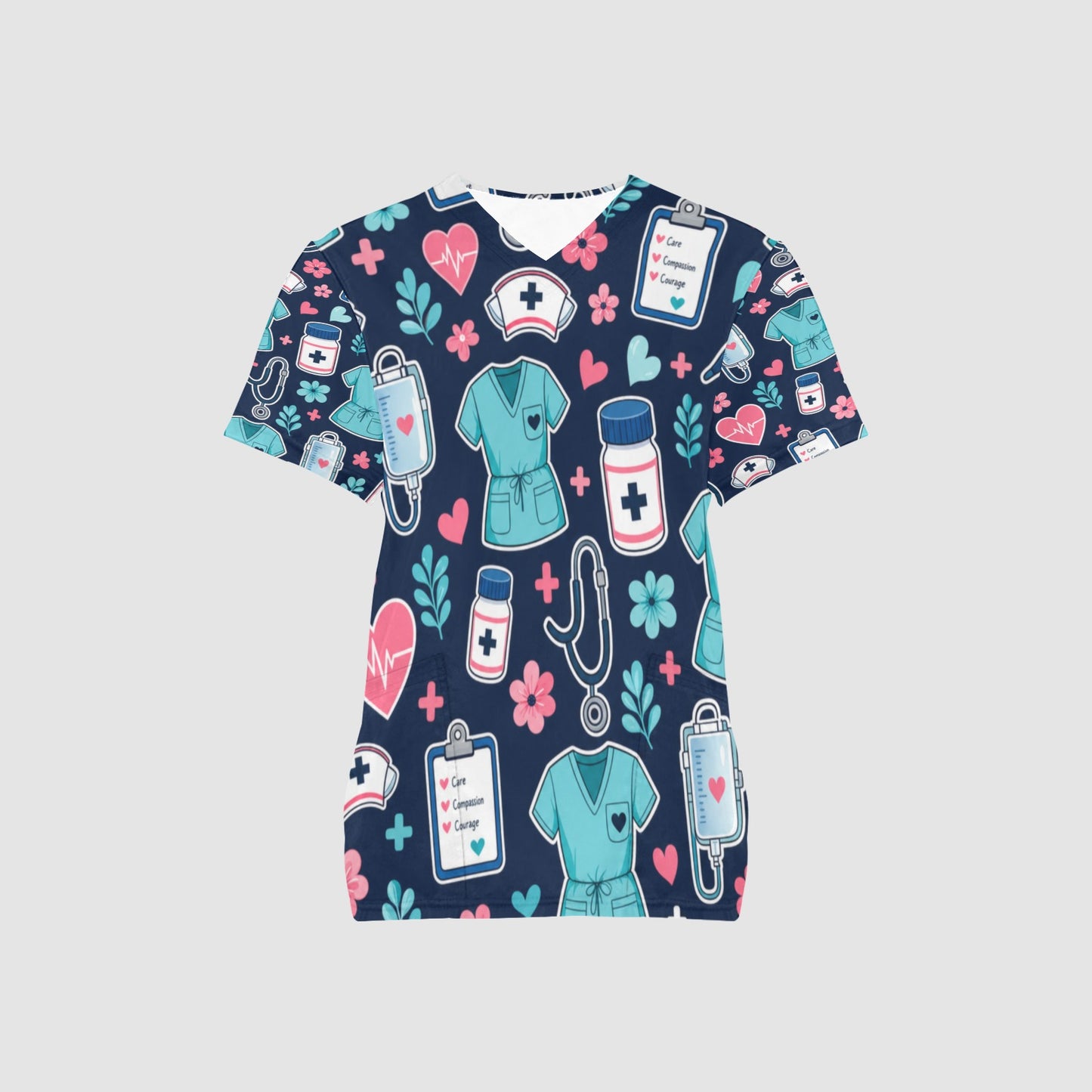 Women's Dark Blue With Medical Icon AOP Nurses Scrubs