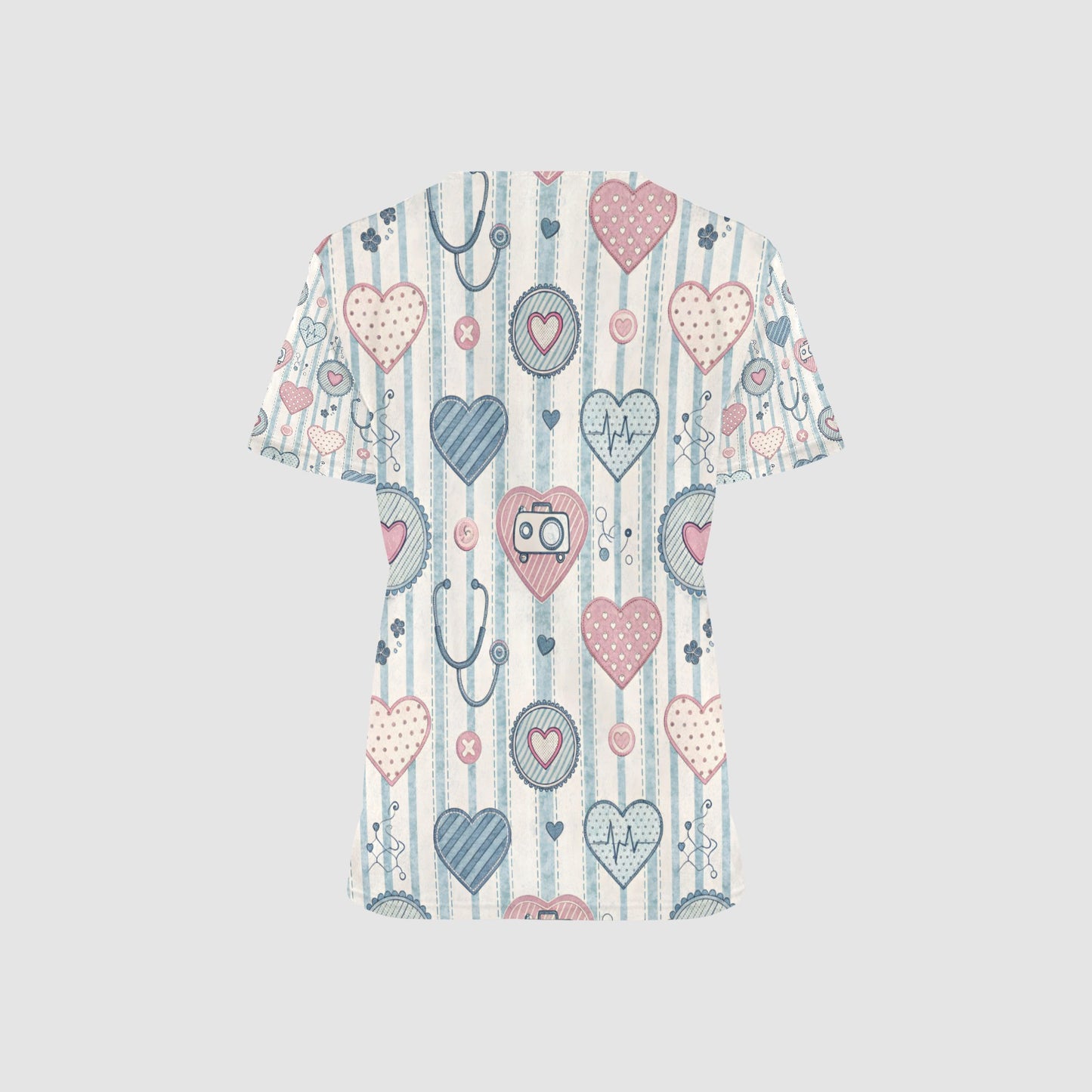 Women's Pink Blue Gray Hearts All Over Print Medical Nurses Scrub Top
