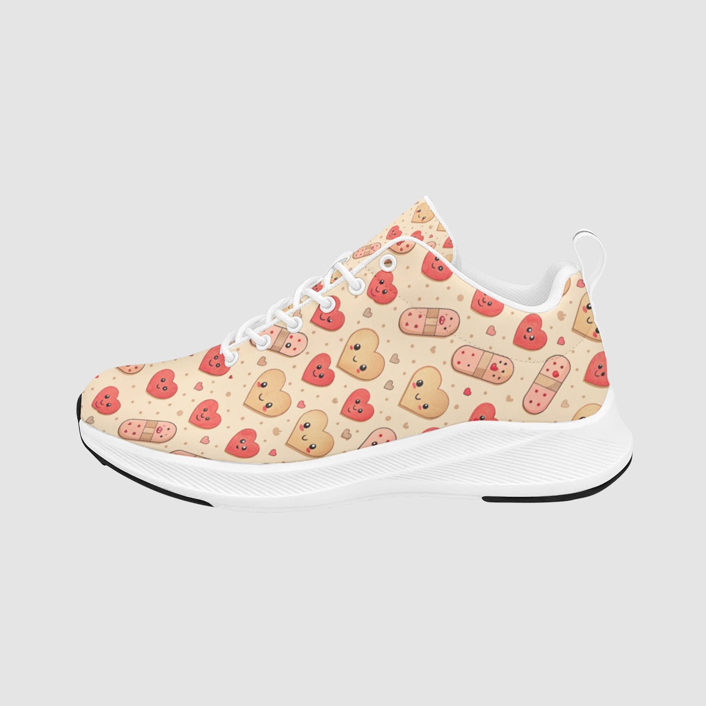 Women's Beige Suede Red Heart Pink Pill Nursing Running Sneakers