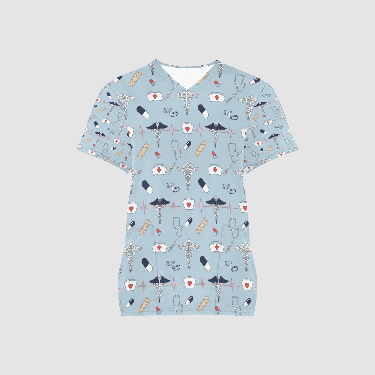 Women's Light Blue Medical Icon Heartbeat All Over Print Scrub Top
