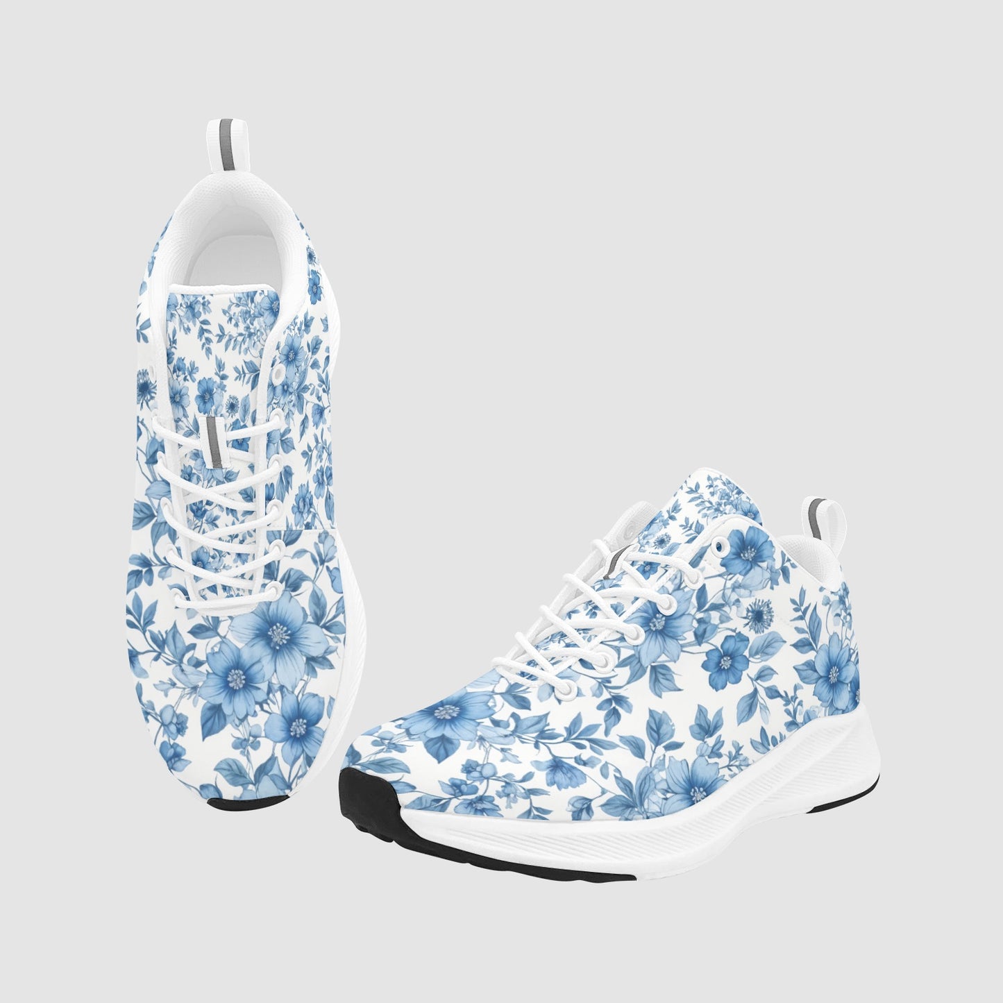 Women's Pretty Blue White Floral Print Suede Breathable Sneakers
