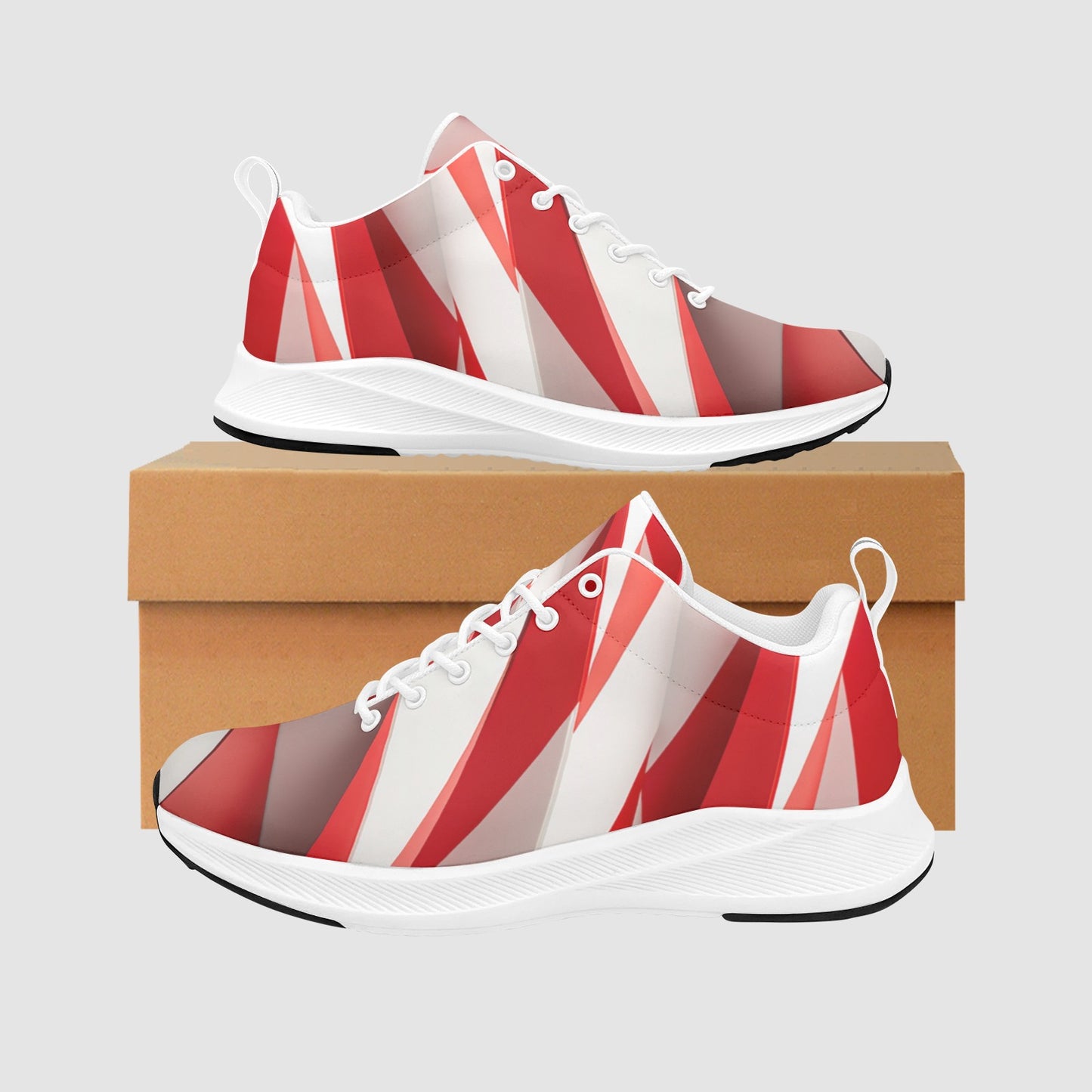 Women’s Red and White Abstract Geometric Suede Running Sneakers