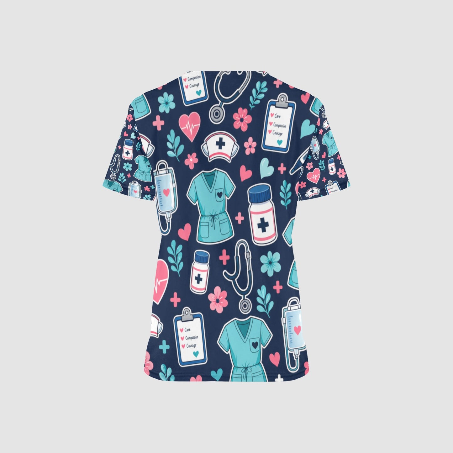 Women's Dark Blue With Medical Icon AOP Nurses Scrubs