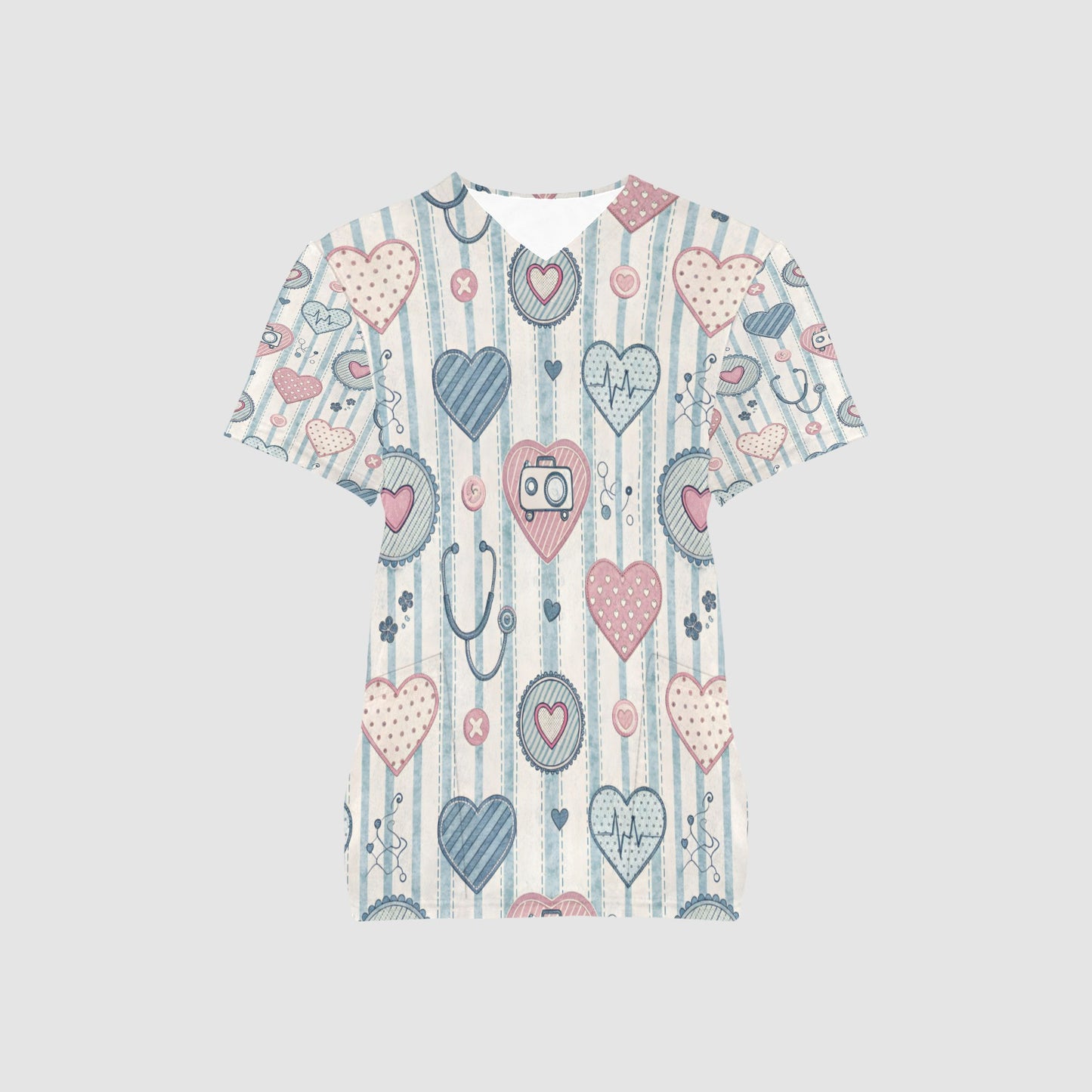 Women's Pink Blue Gray Hearts All Over Print Medical Nurses Scrub Top