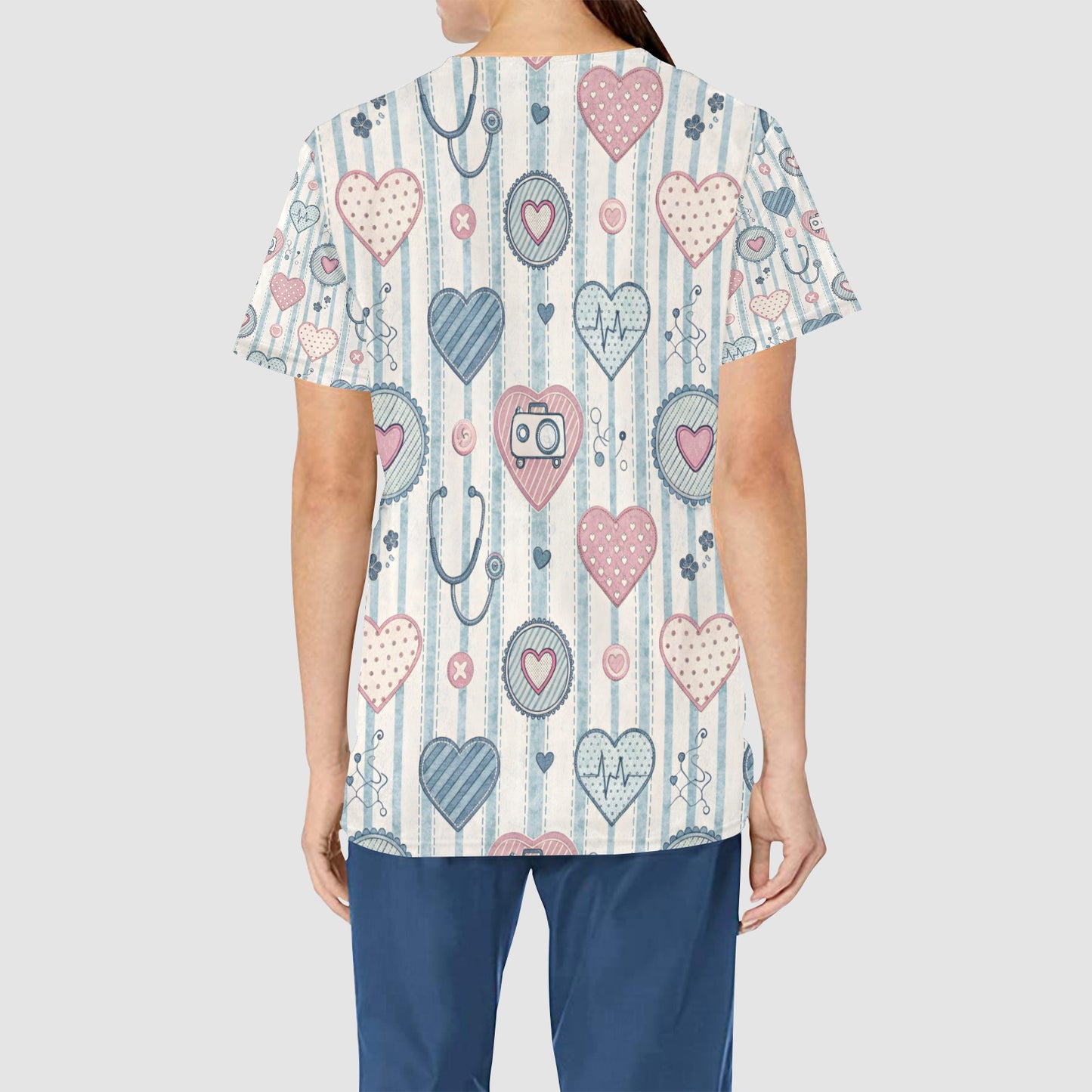 Women's Pink Blue Gray Hearts All Over Print Medical Nurses Scrub Top