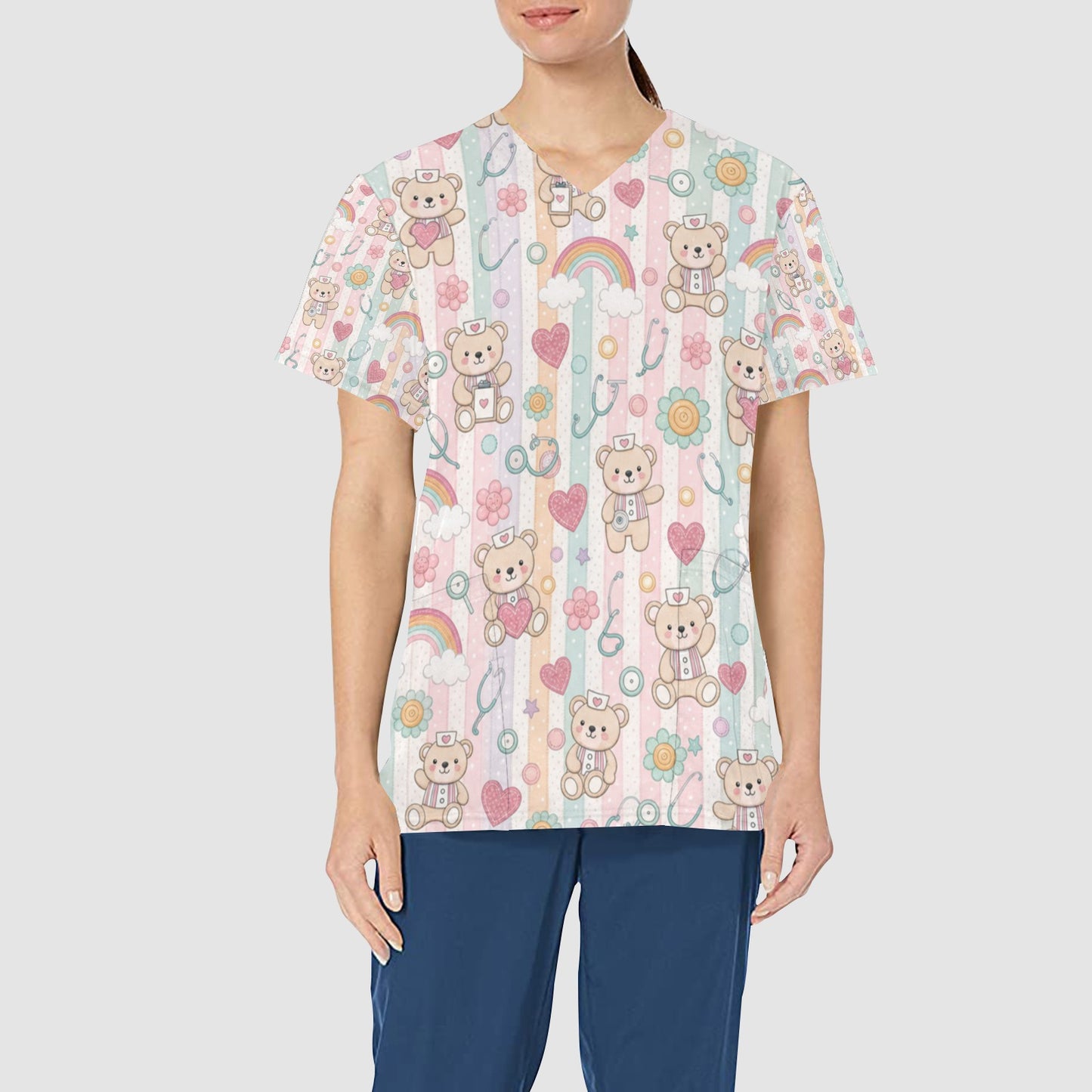 Women's Teddy Bear Pediatric Nursing All Over Print Scrub Top
