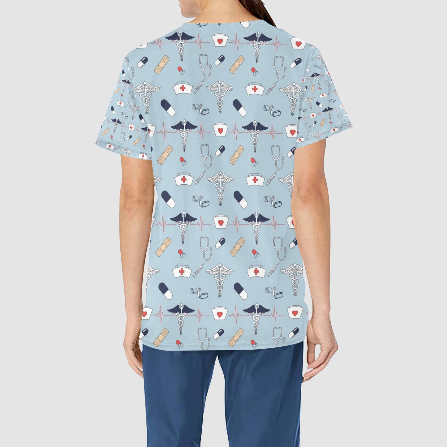 Women's Light Blue Medical Icon Heartbeat All Over Print Scrub Top