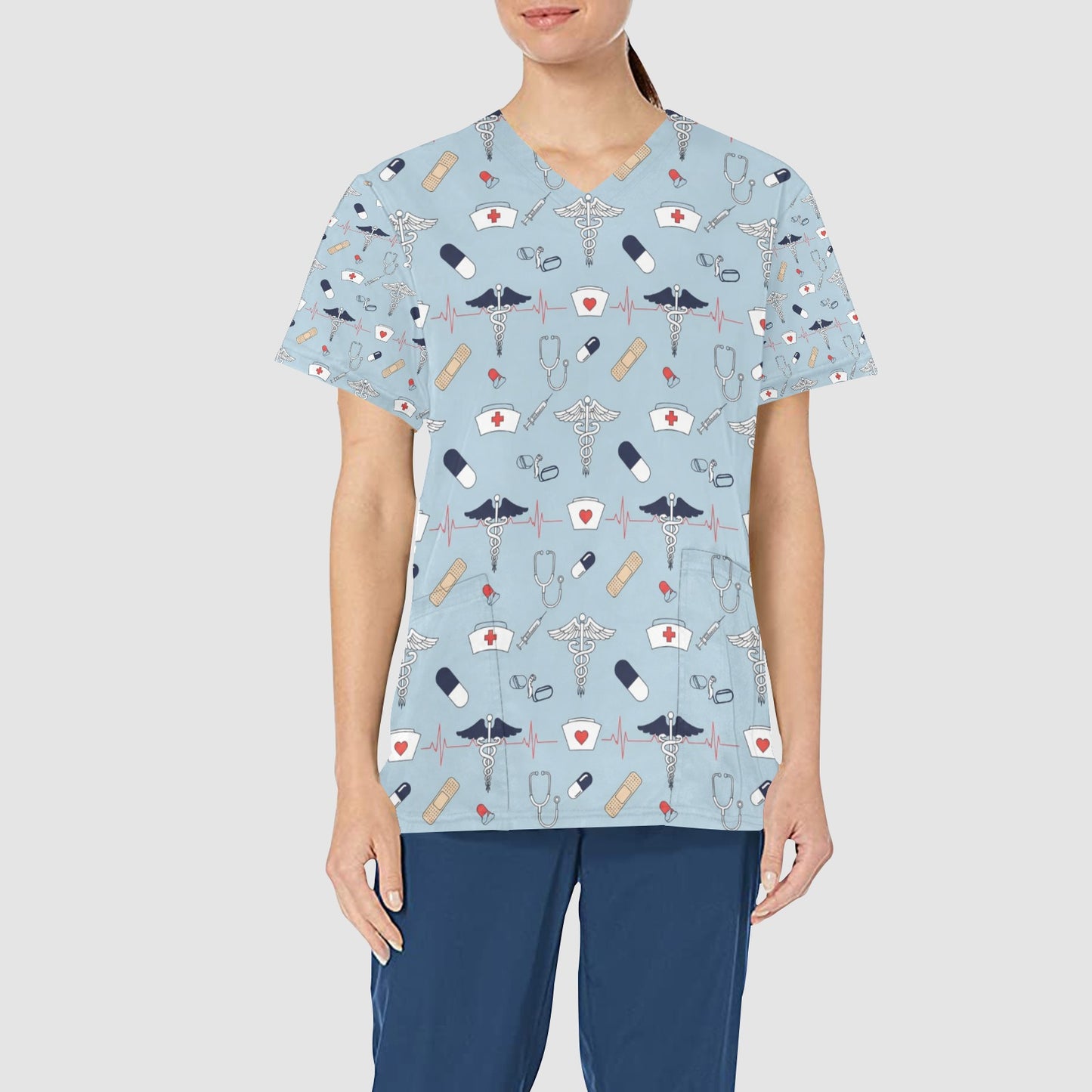 Women's Light Blue Medical Icon Heartbeat All Over Print Scrub Top