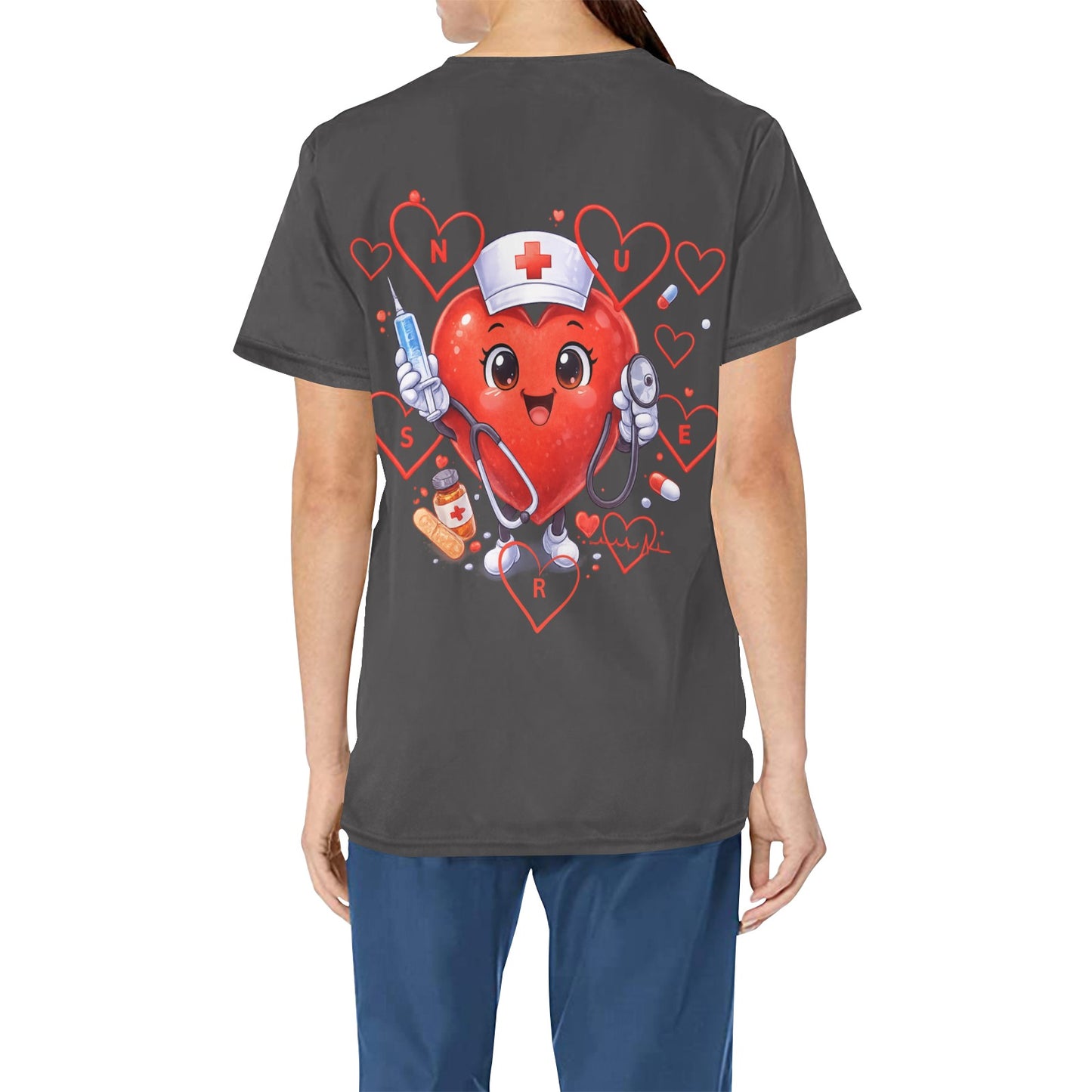 Women's Big Heart Nurse Character Grey Professional Performance Scrubs