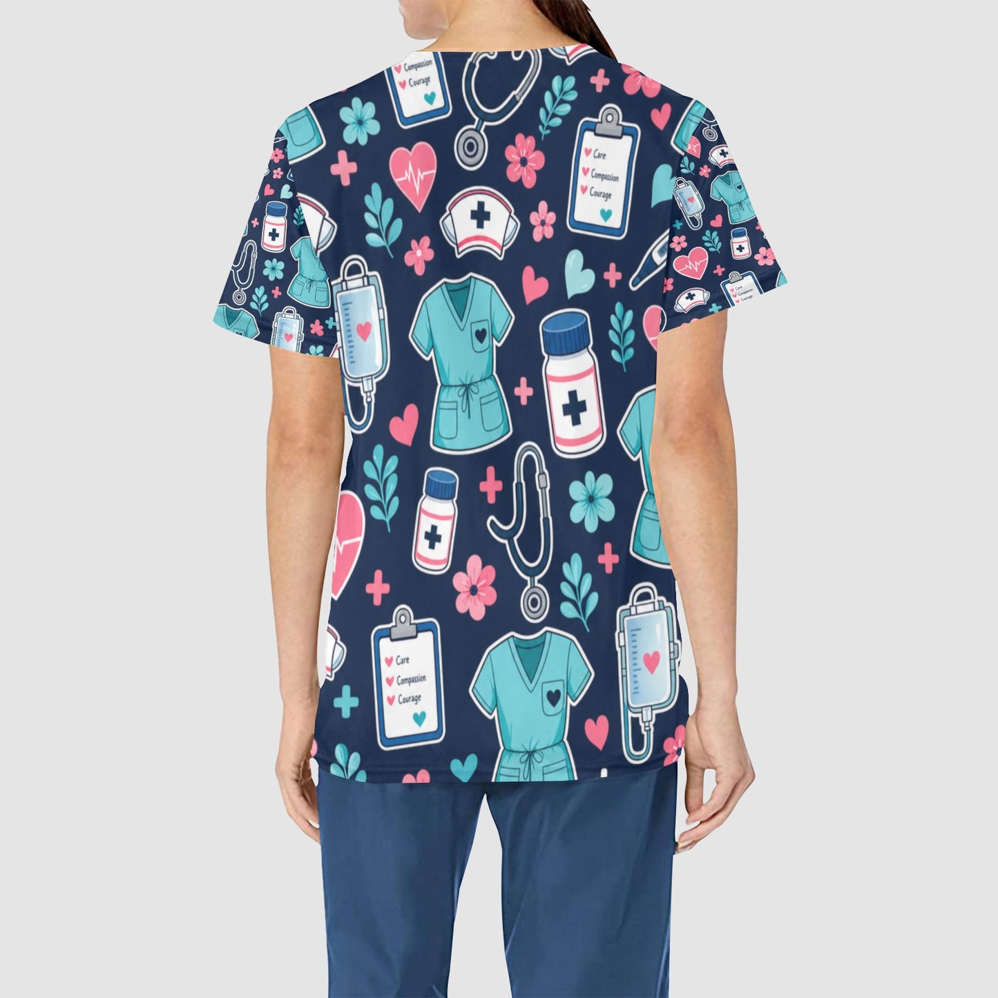 Women's Dark Blue With Medical Icon AOP Nurses Scrubs