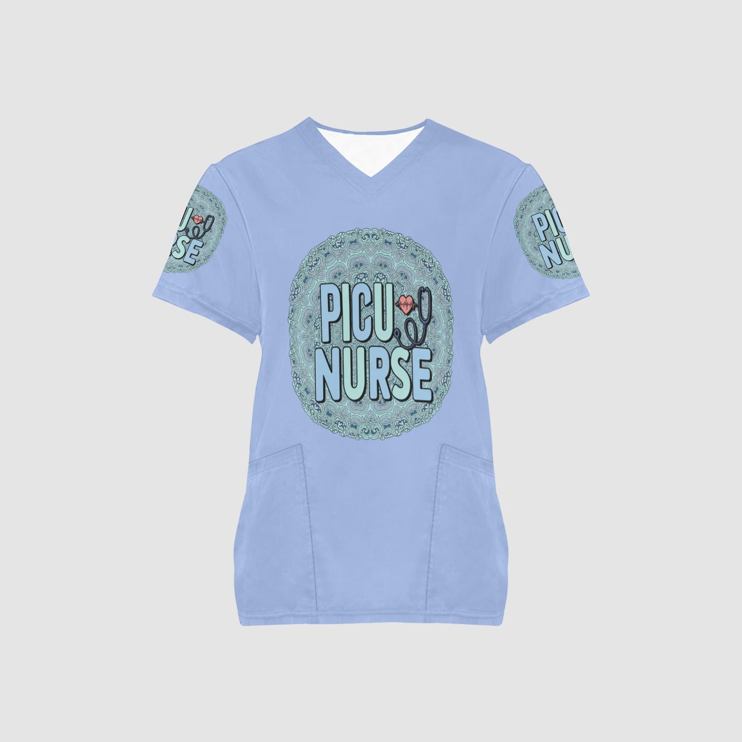 Women's PICU Nurse Mandala Logo Professional Performance Scrub Top