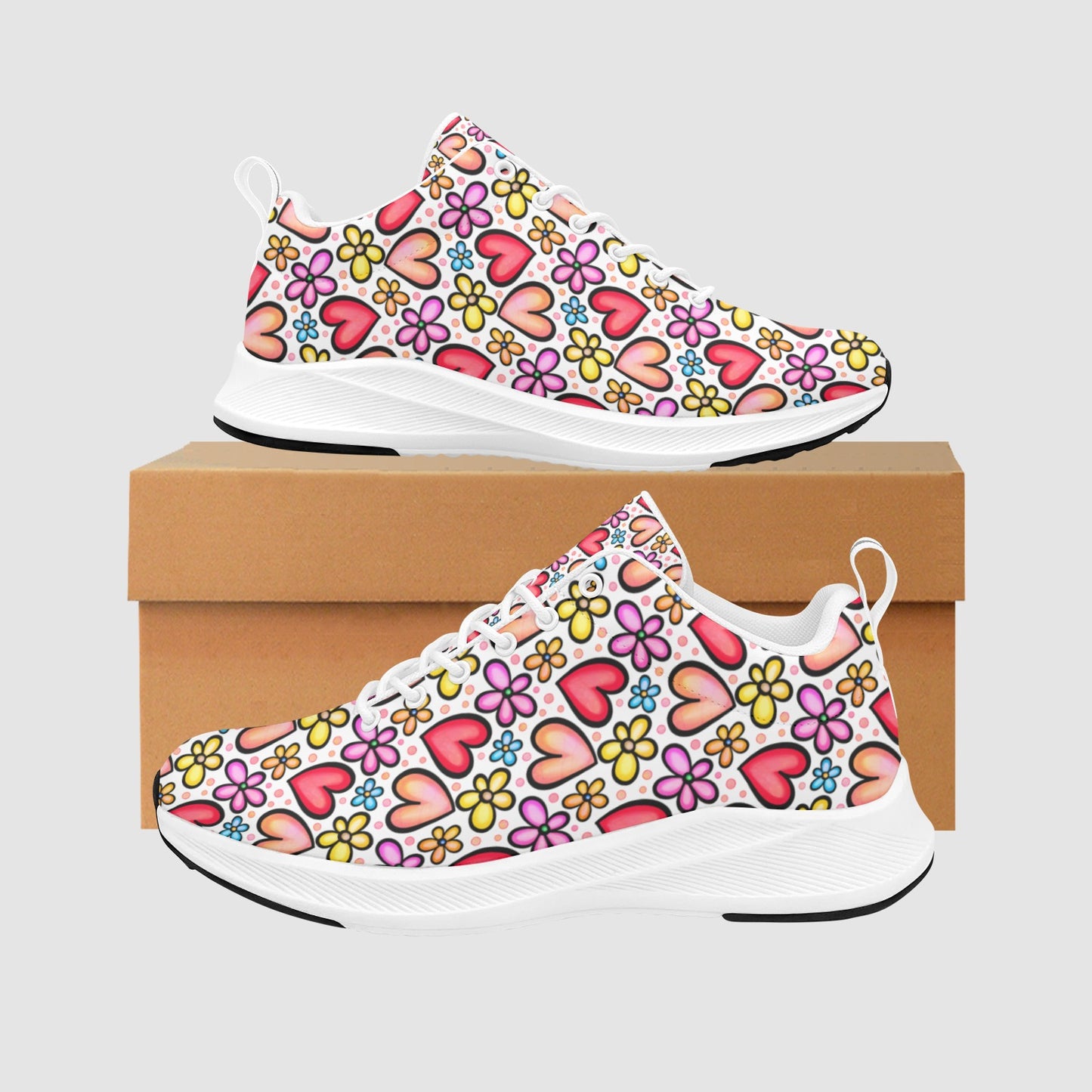 Women's Peach Red Floral Heart Print Suede Breathable Running Shoes
