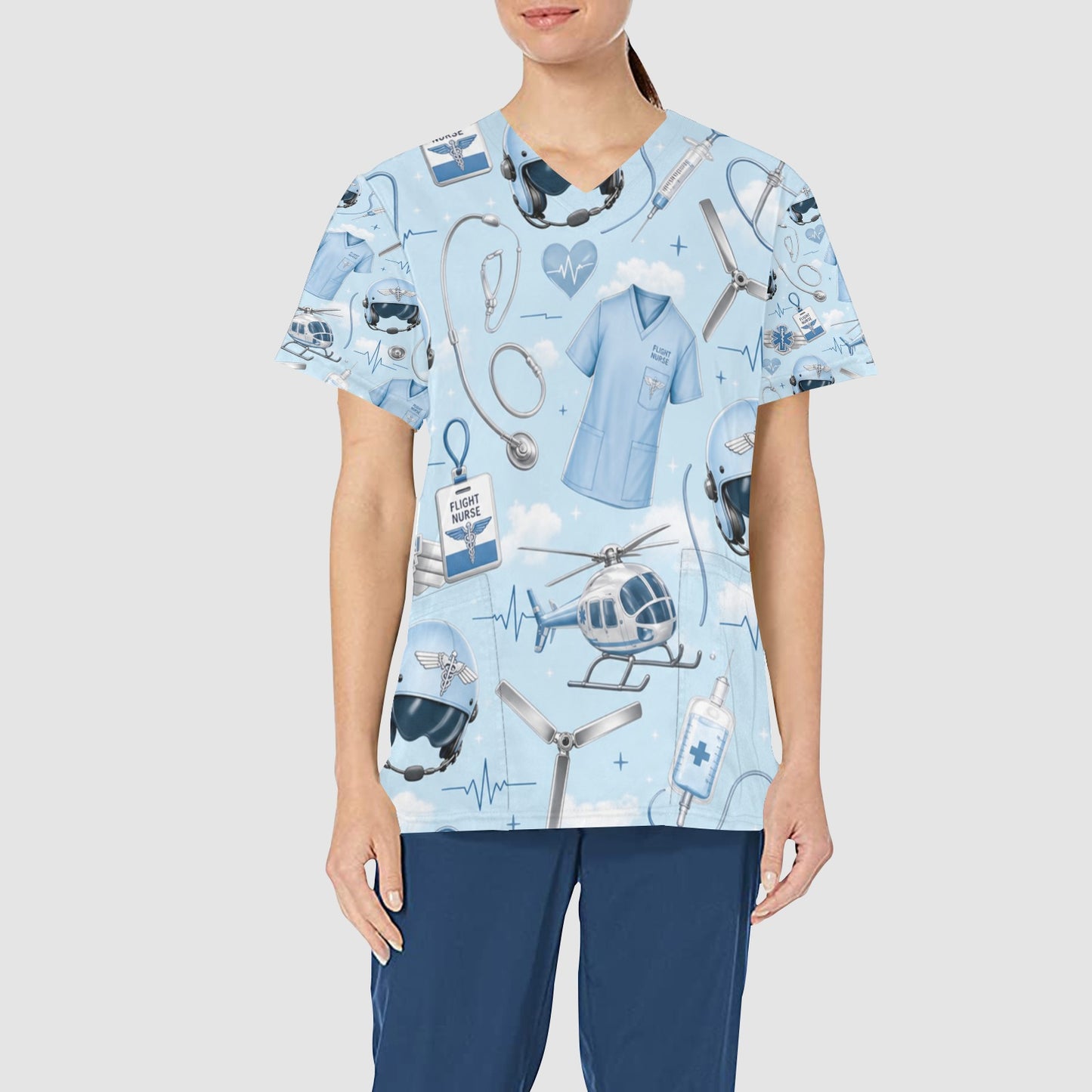 Women's Flight Nurse Medical All Over Print Nurses Scrub Top