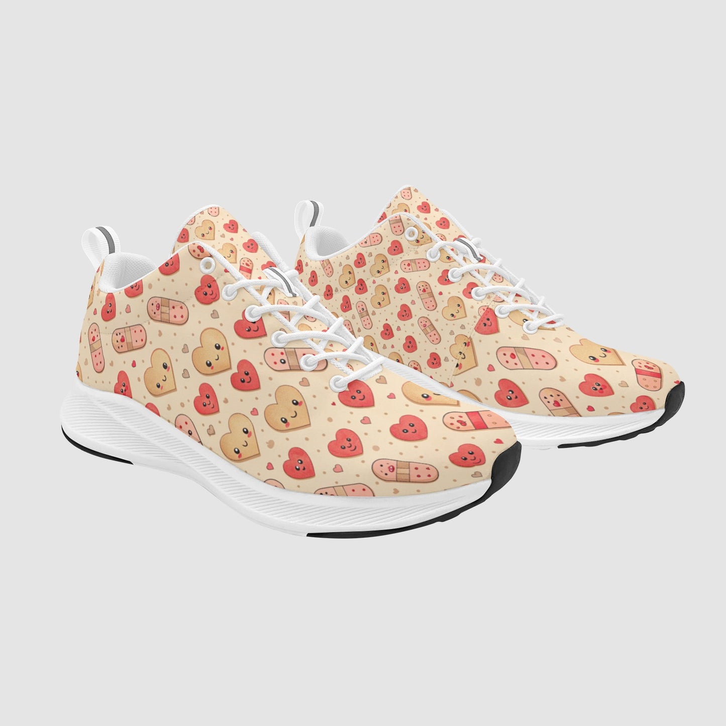 Women's Beige Suede Red Heart Pink Pill Nursing Running Sneakers