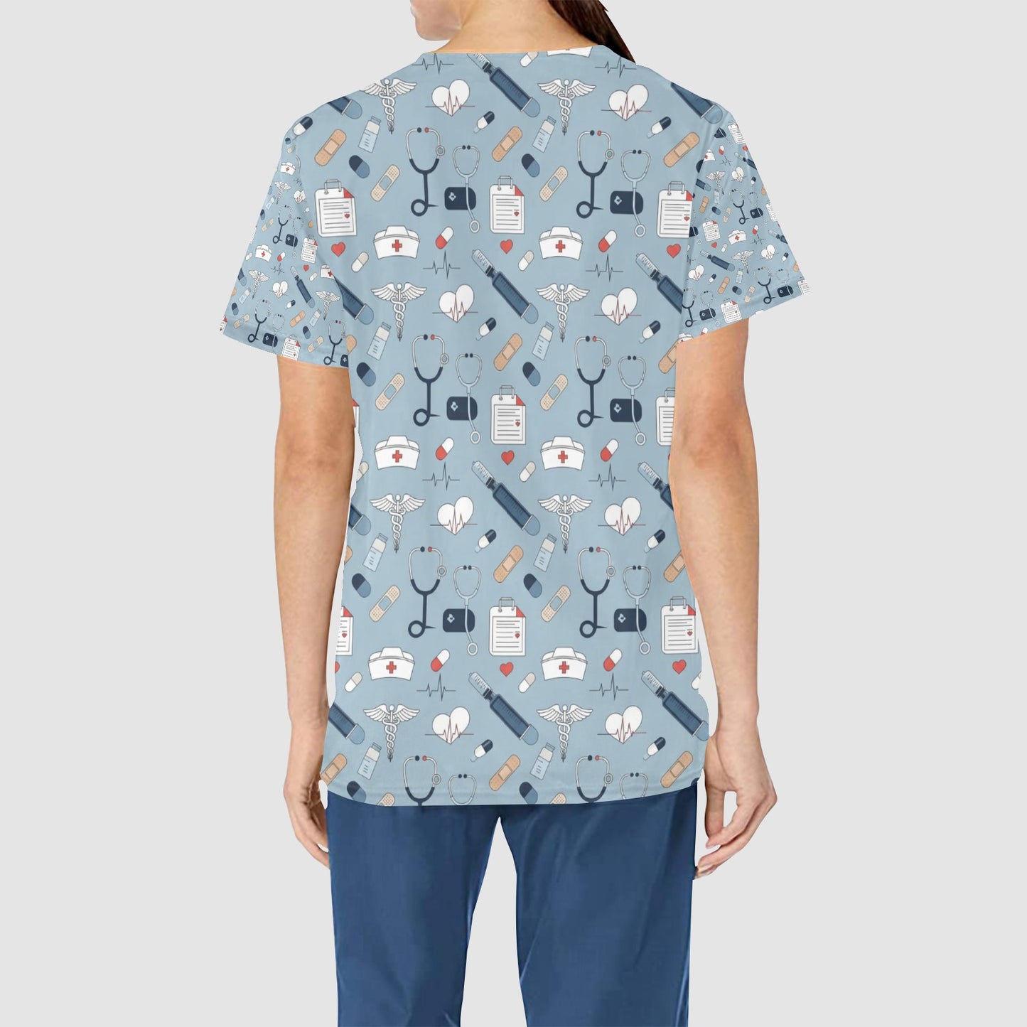 Women's Light Blue Stethoscope Hat All Over Print Nursing Scrub Top