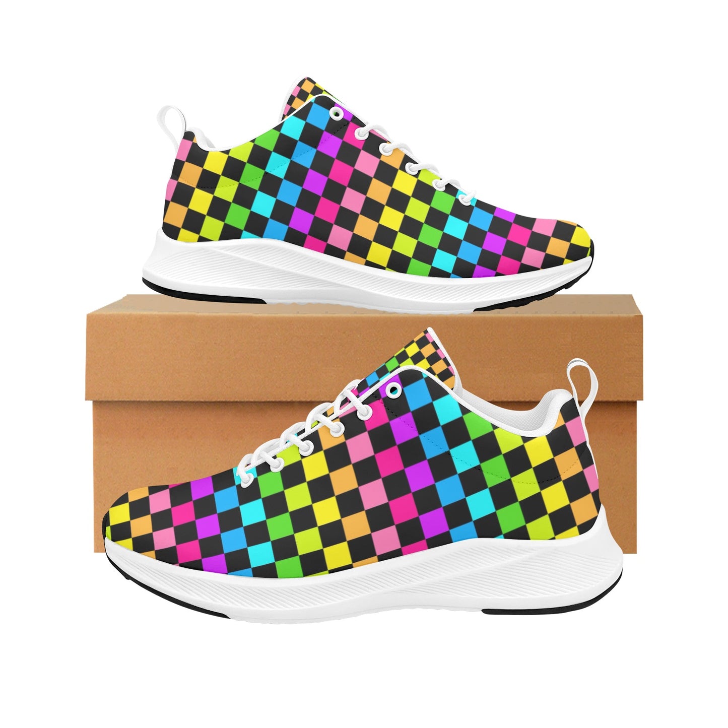 Women's Rainbow Checkerboard Suede Breathable Leather Running Sneakers