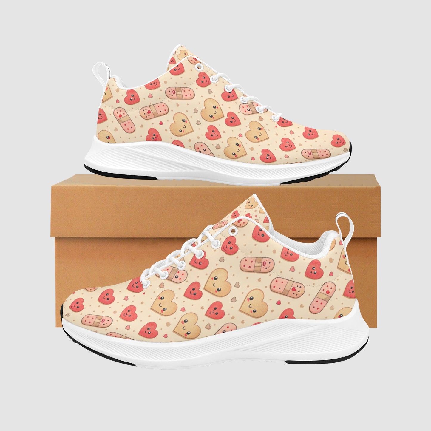 Women's Beige Suede Red Heart Pink Pill Nursing Running Sneakers