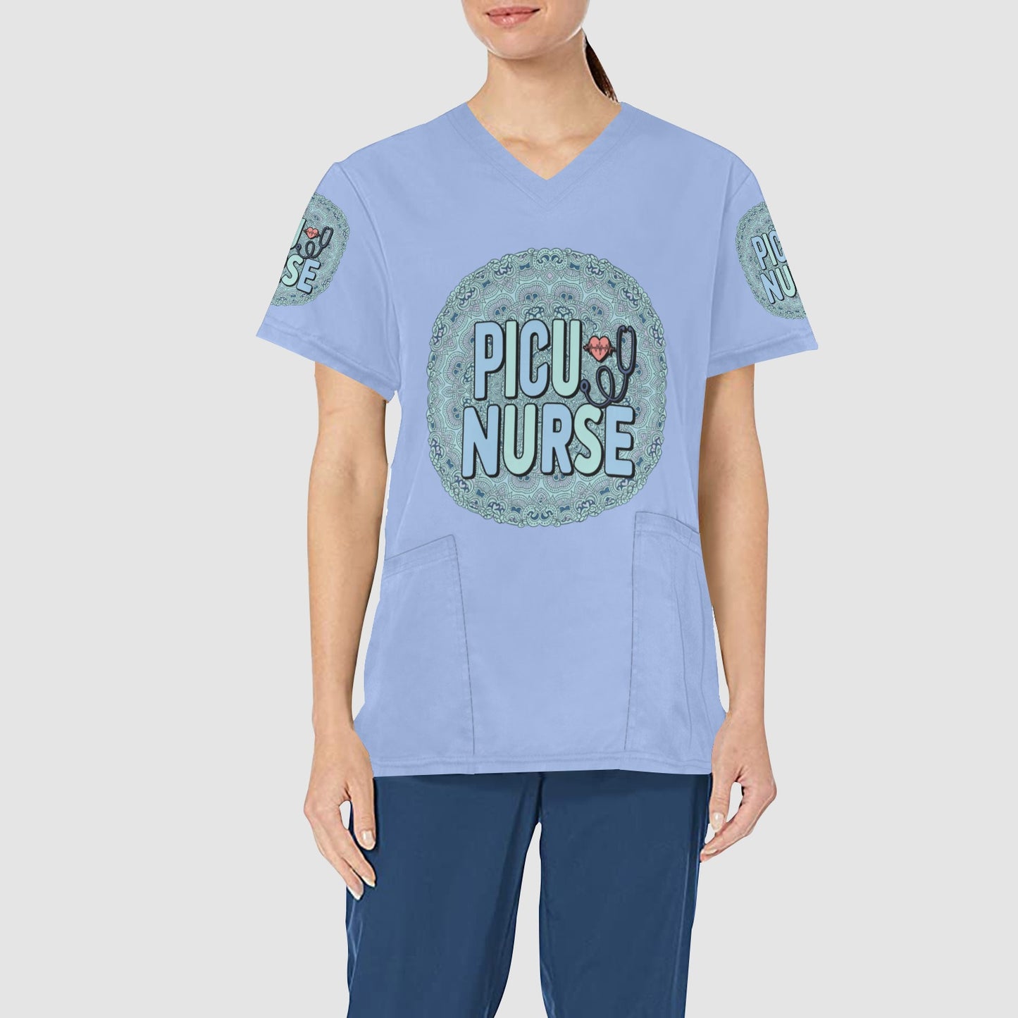 Women's PICU Nurse Mandala Logo Professional Performance Scrub Top