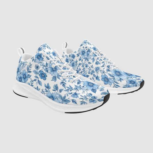Women's Pretty Blue White Floral Print Suede Breathable Sneakers