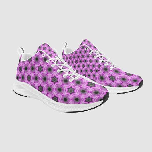 Women's Amethyst Prism running shoes featuring a vibrant orchid and violet geometric starburst pattern with white laces.