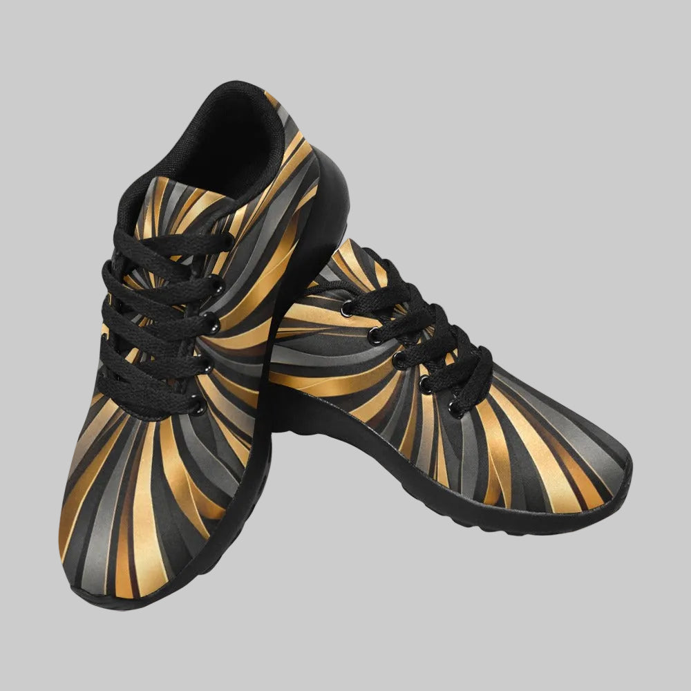 Women's Aura Burst running shoes featuring a black upper with dynamic metallic gold and grey sunburst graphics.