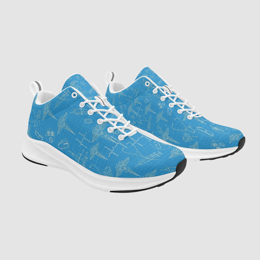 Pair of navy blue nursing sneakers featuring a technical blueprint pattern of medical equipment, heartbeat graphs, and anatomical diagrams on a white sole.