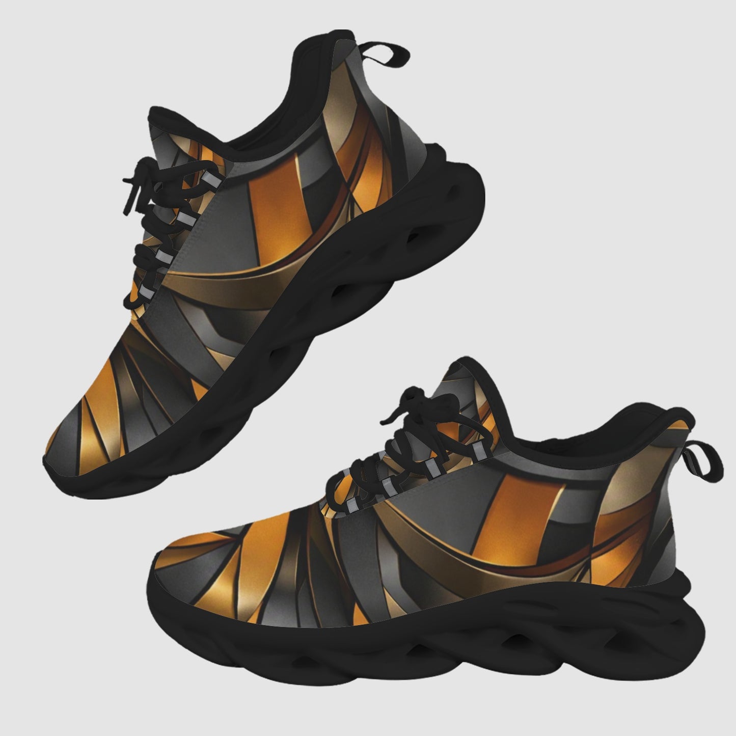 The Gilded Shard Runner women's athletic sneaker featuring a geometric gold and black pattern with an architectural black outsole.