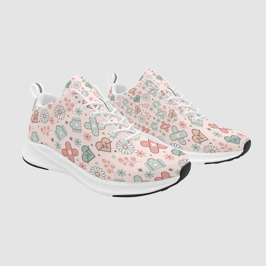 Step into comfort and care with The Healing Bloom Runner. Designed for healthcare professionals, these shoes pair a serene pattern of soft daisies, medical symbols, and adhesive bandages with high-performance cushioning to keep you supported through every long shift.