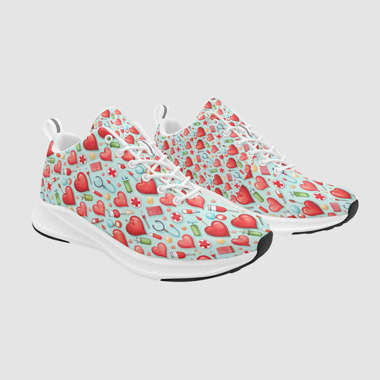 Pair of sleek white and red nursing sneakers featuring dynamic EKG heartbeat lines, pulse wave patterns, and clean athletic accents on a shock-absorbing white sole.