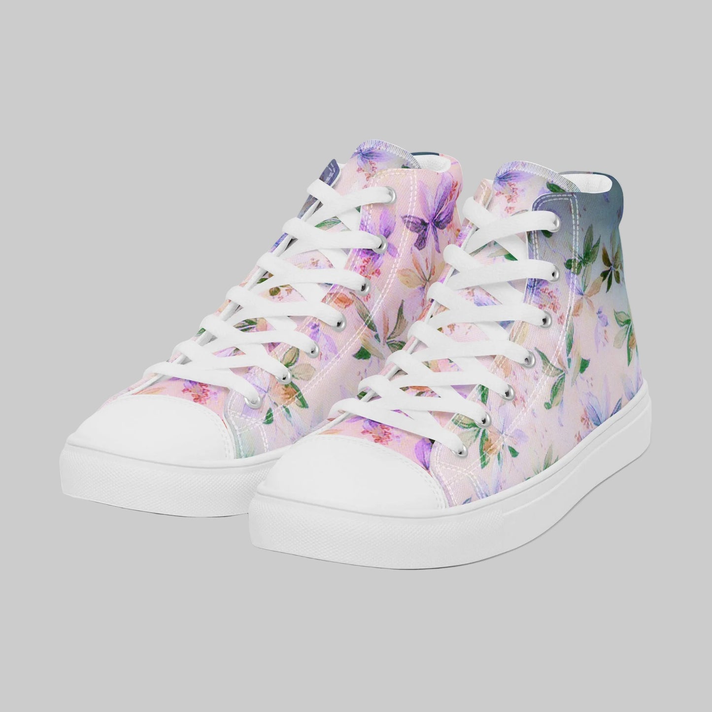 The Lavender Meadow High-Top Runner featuring a watercolor lily floral pattern, white faux leather toe cap, and white laces.