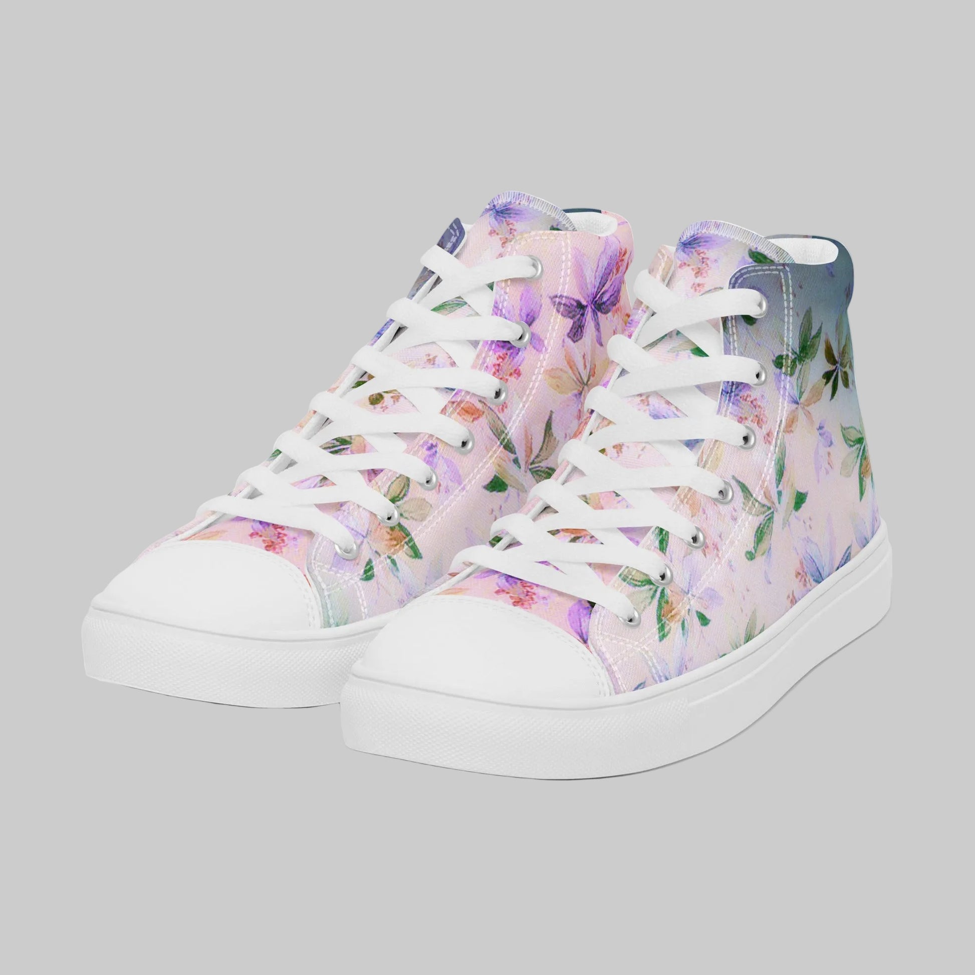 The Lavender Meadow High-Top Runner featuring a watercolor lily floral pattern, white faux leather toe cap, and white laces.