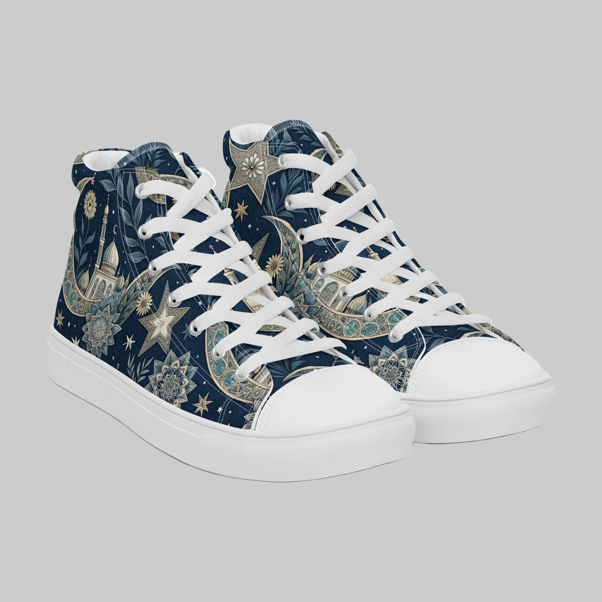 The Luna Mystica High-Top featuring a celestial crescent moon and star pattern, white faux leather toe cap, and white laces.