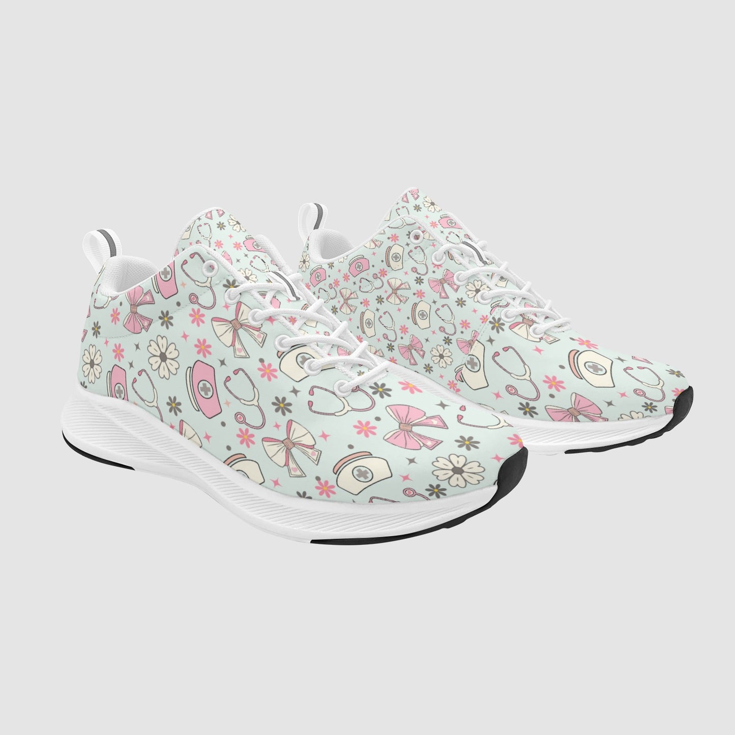 The Minty Muse Runner women's nursing sneakers featuring a mint green medical and floral pattern with lightweight cushioned soles.
