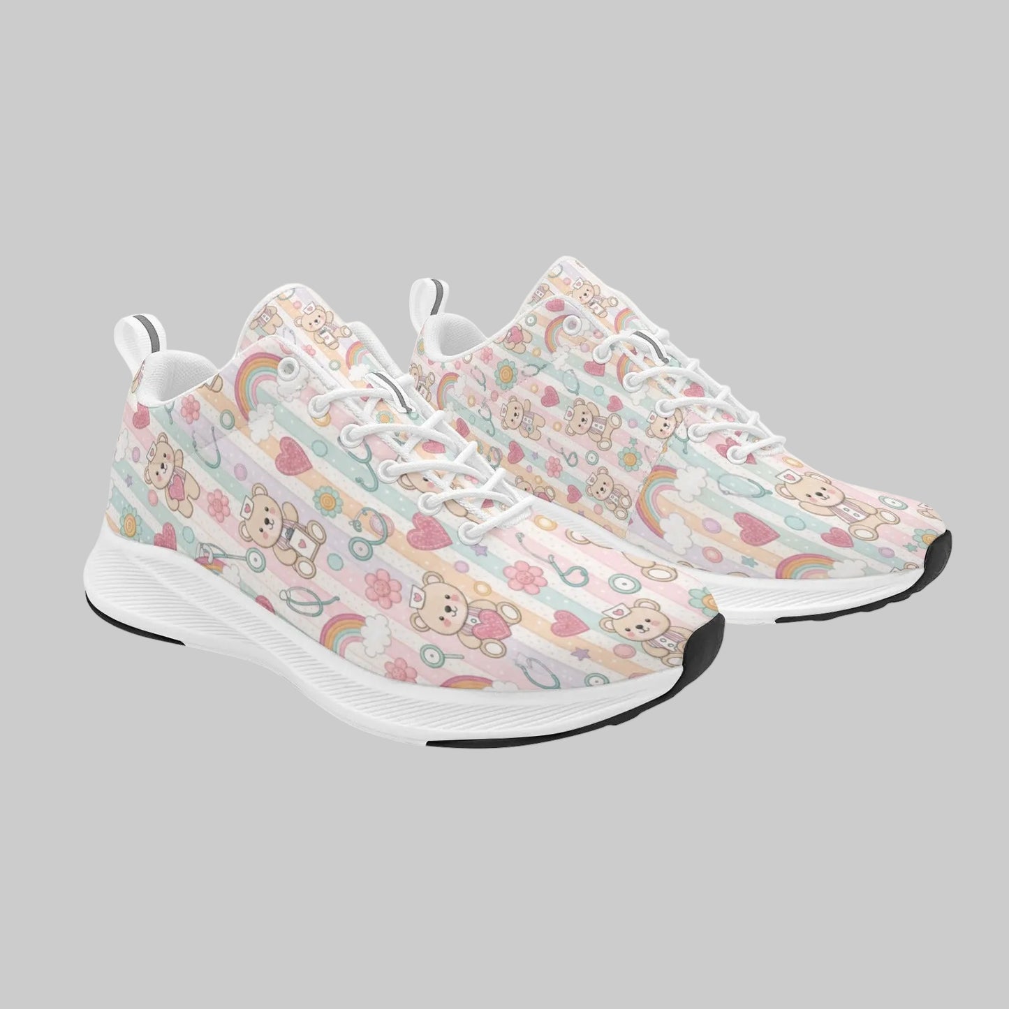 Bring warmth and comfort to every shift with The Peds Pride Runner. Designed specifically for pediatric healthcare professionals, these sneakers combine a delightful pattern of nurse-capped teddy bears, rainbows, and hearts with premium athletic support to keep you energised all day long.