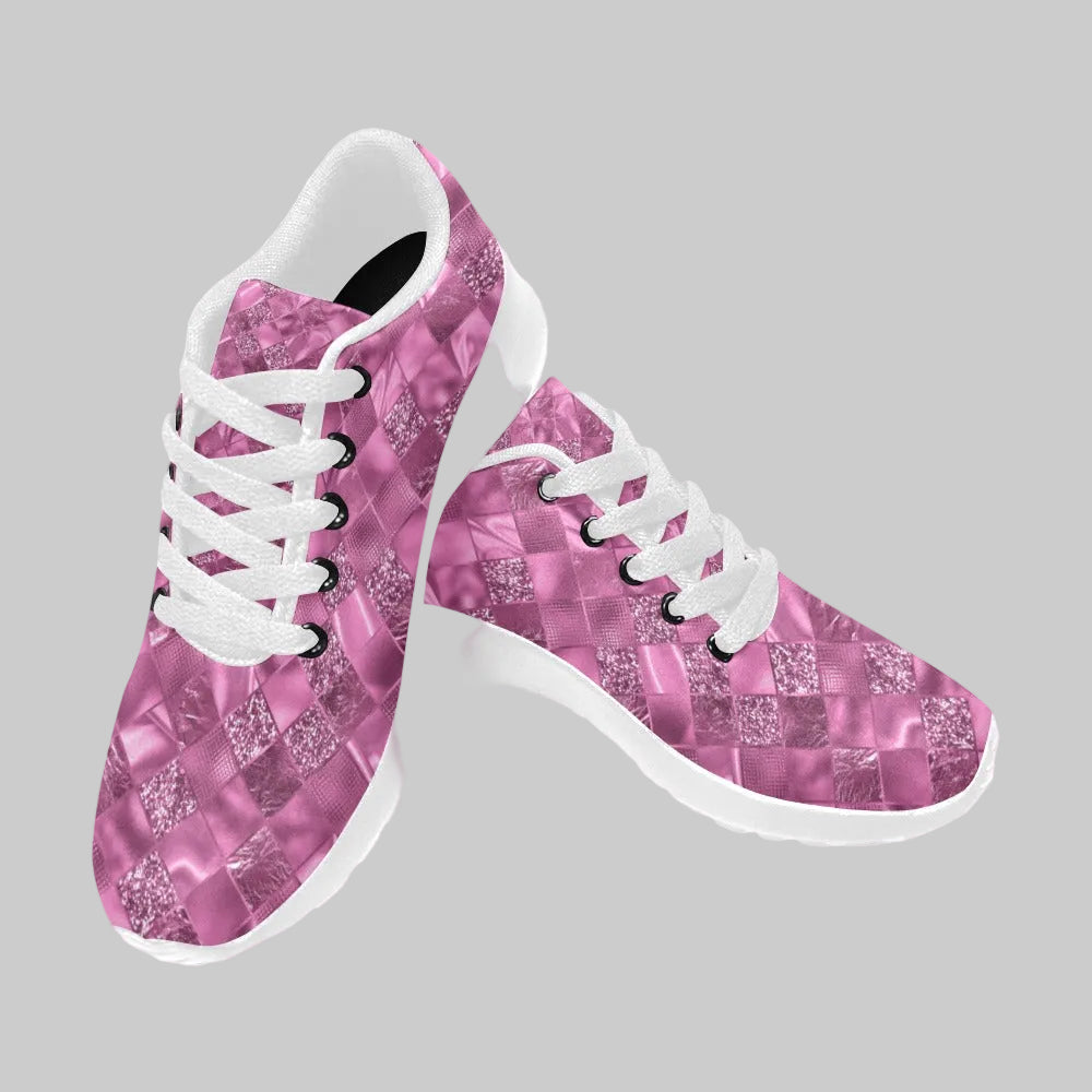 The Pink Prism Runner women's lightweight athletic shoe with pink geometric mosaic pattern and white athletic laces.