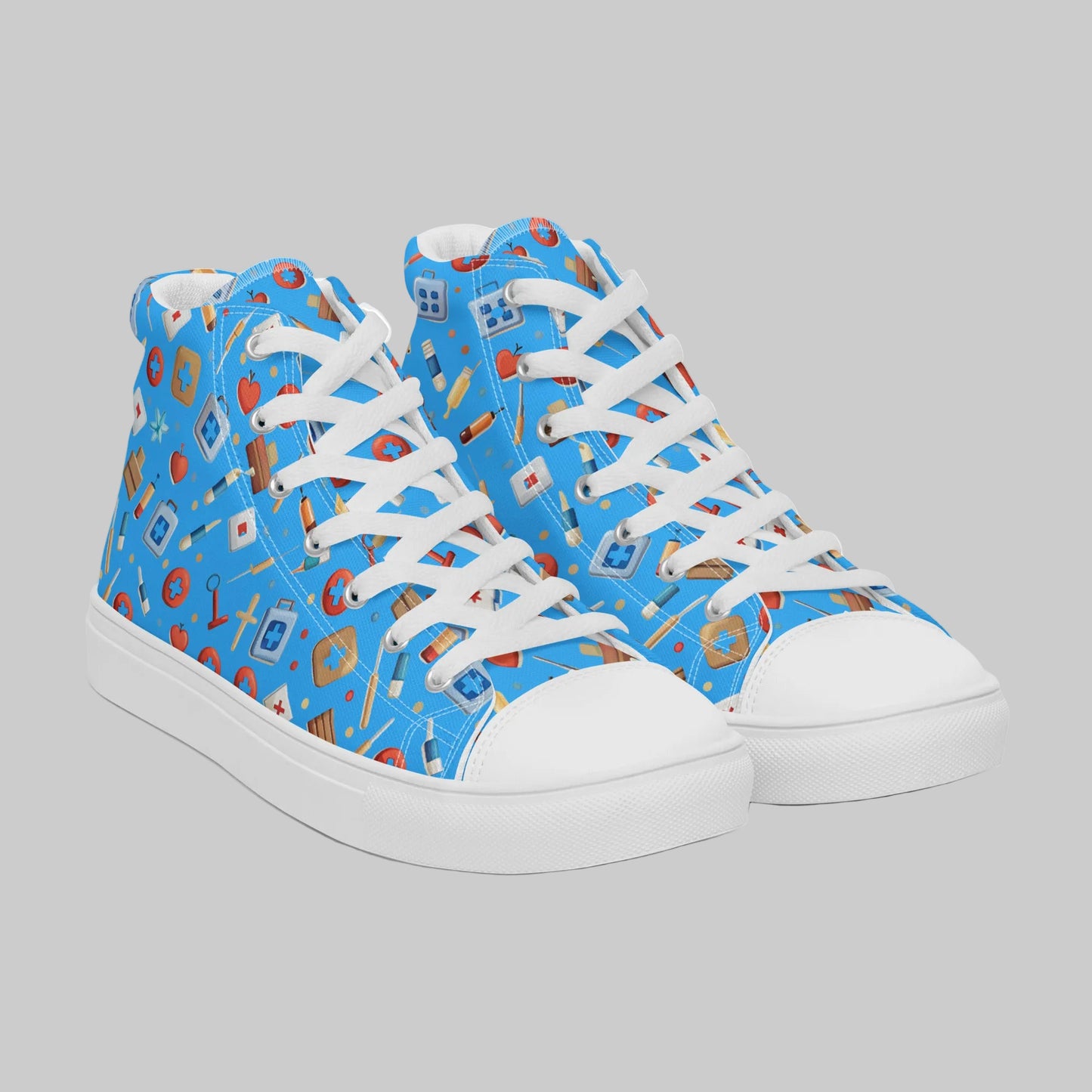 The Pulse Check High-Top featuring a scrub-blue clinical pattern, white faux leather toe cap, and white laces for healthcare professionals.