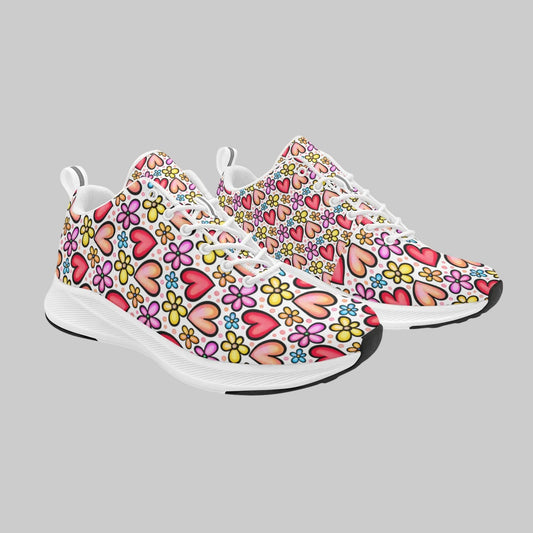 Women's Retro Pop running shoes in white with a colorful 90s-style heart and flower pop art pattern.