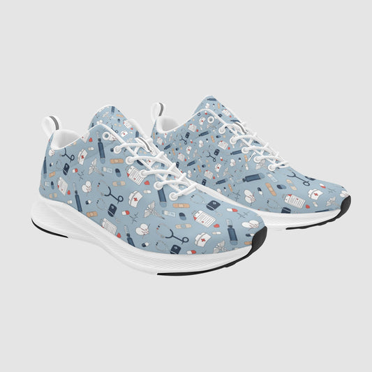 Pair of soft blue nursing sneakers featuring a soothing pastel pattern of heartbeat lines, flowers, and medical icons on a white sole.