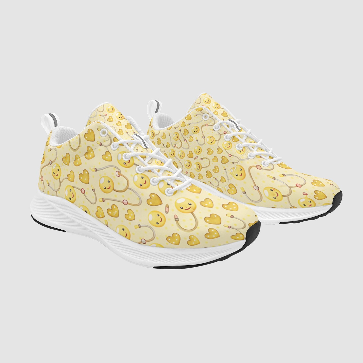The Sunshine Pulse Runner women's nursing sneaker in bright yellow with stethoscope and heart print and lightweight cushioned athletic soles.