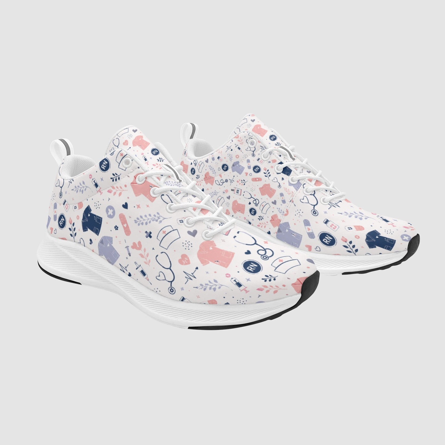 Women's Vitality Hero nursing shoes in white featuring hand-drawn medical graphics including stethoscopes, RN badges, and scrubs.