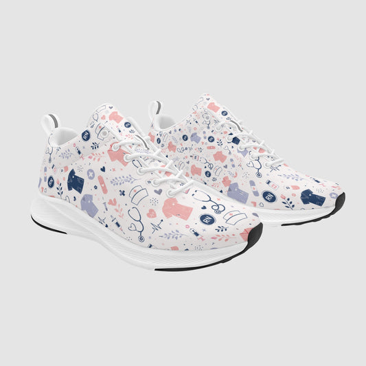 Women's Vitality Hero nursing shoes in white featuring hand-drawn medical graphics including stethoscopes, RN badges, and scrubs.