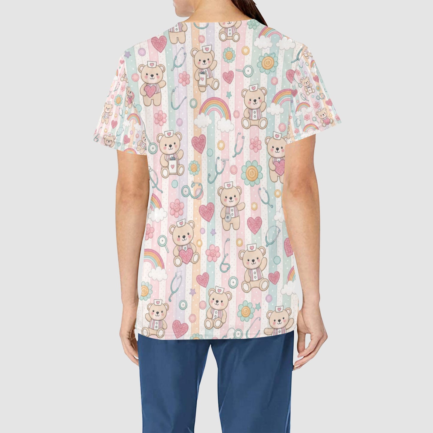 Women's Teddy Bear Pediatric Nursing All Over Print Scrub Top