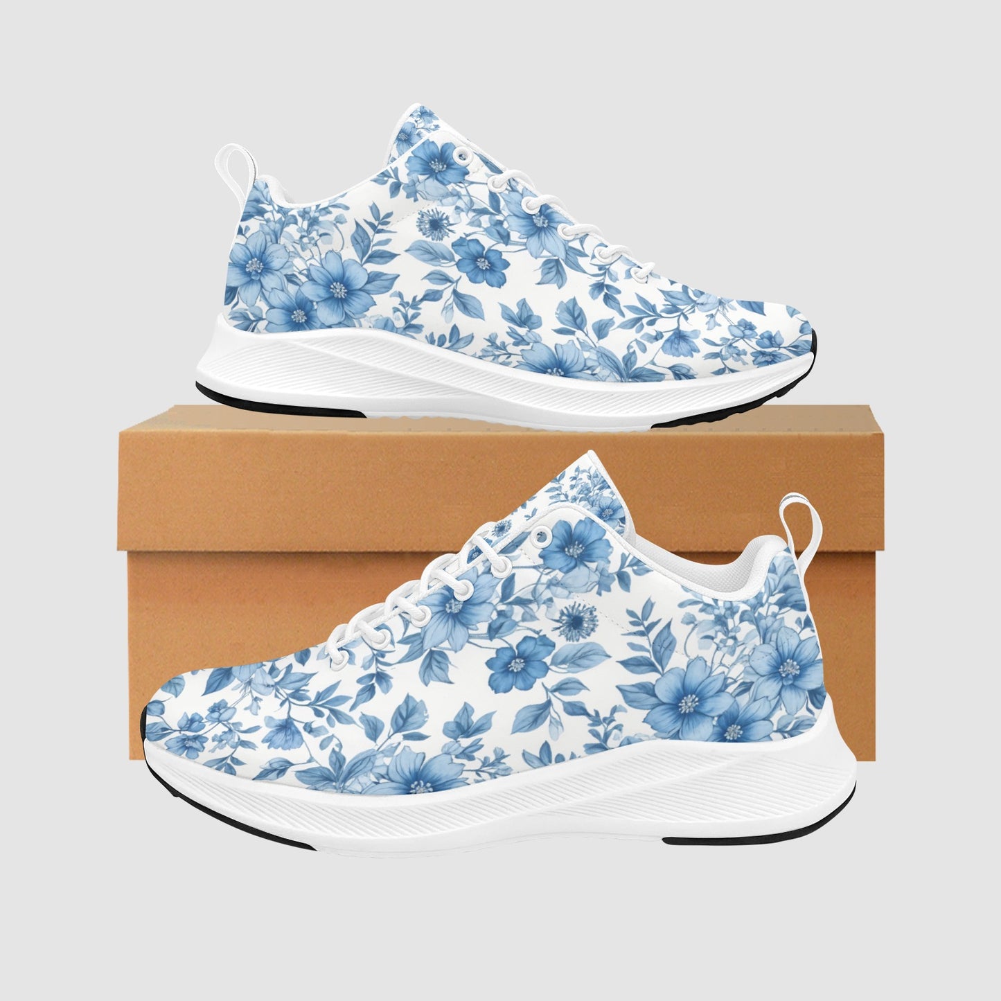 Women's Pretty Blue White Floral Print Suede Breathable Sneakers