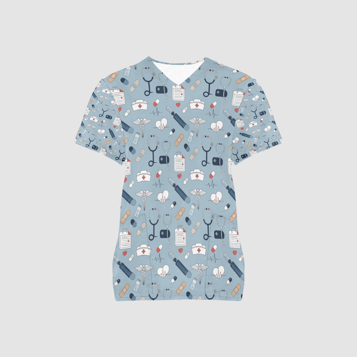 Women's Light Blue Stethoscope Hat All Over Print Nursing Scrub Top