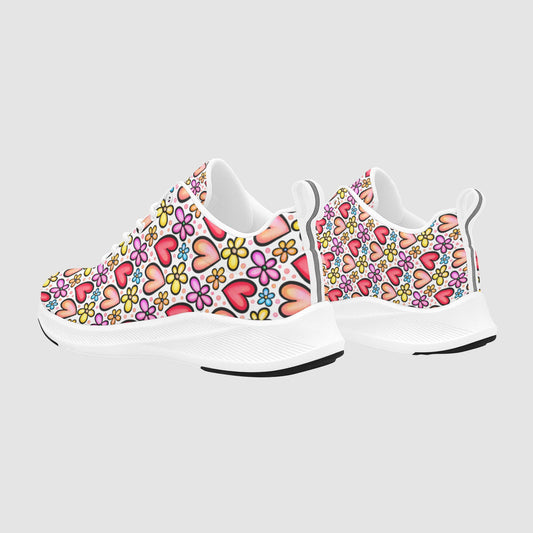 Women's Peach Red Floral Heart Print Suede Breathable Running Shoes
