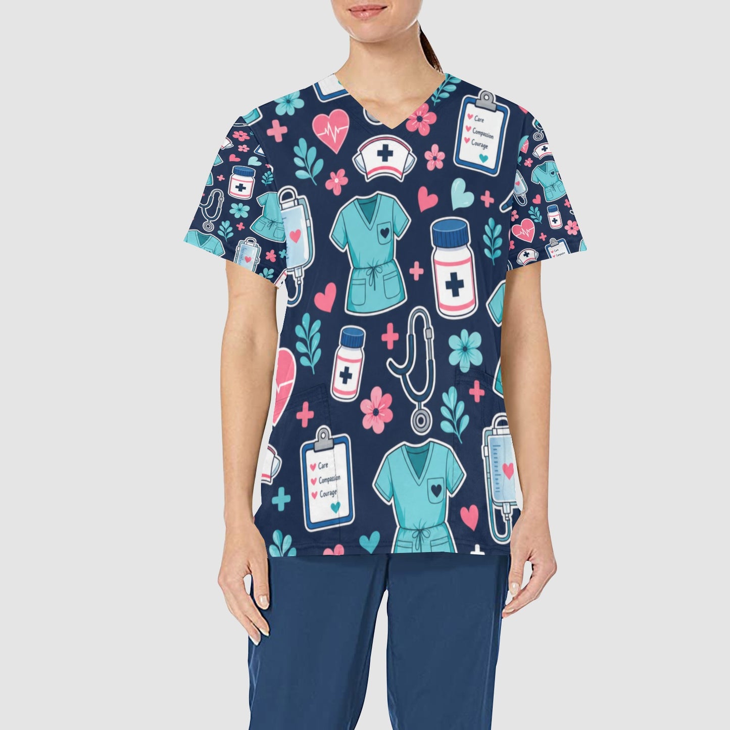 Women's Dark Blue With Medical Icon AOP Nurses Scrubs