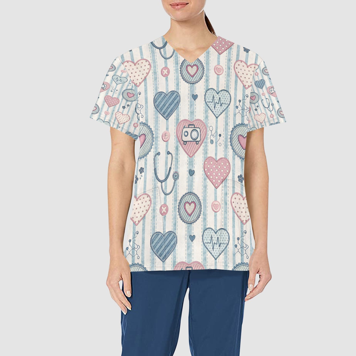 Women's Pink Blue Gray Hearts All Over Print Medical Nurses Scrub Top