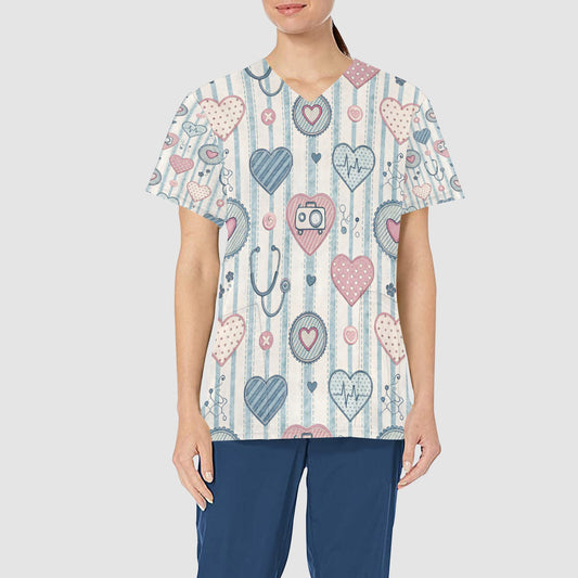 Women's Pink Blue Gray Hearts All Over Print Medical Nurses Scrub Top