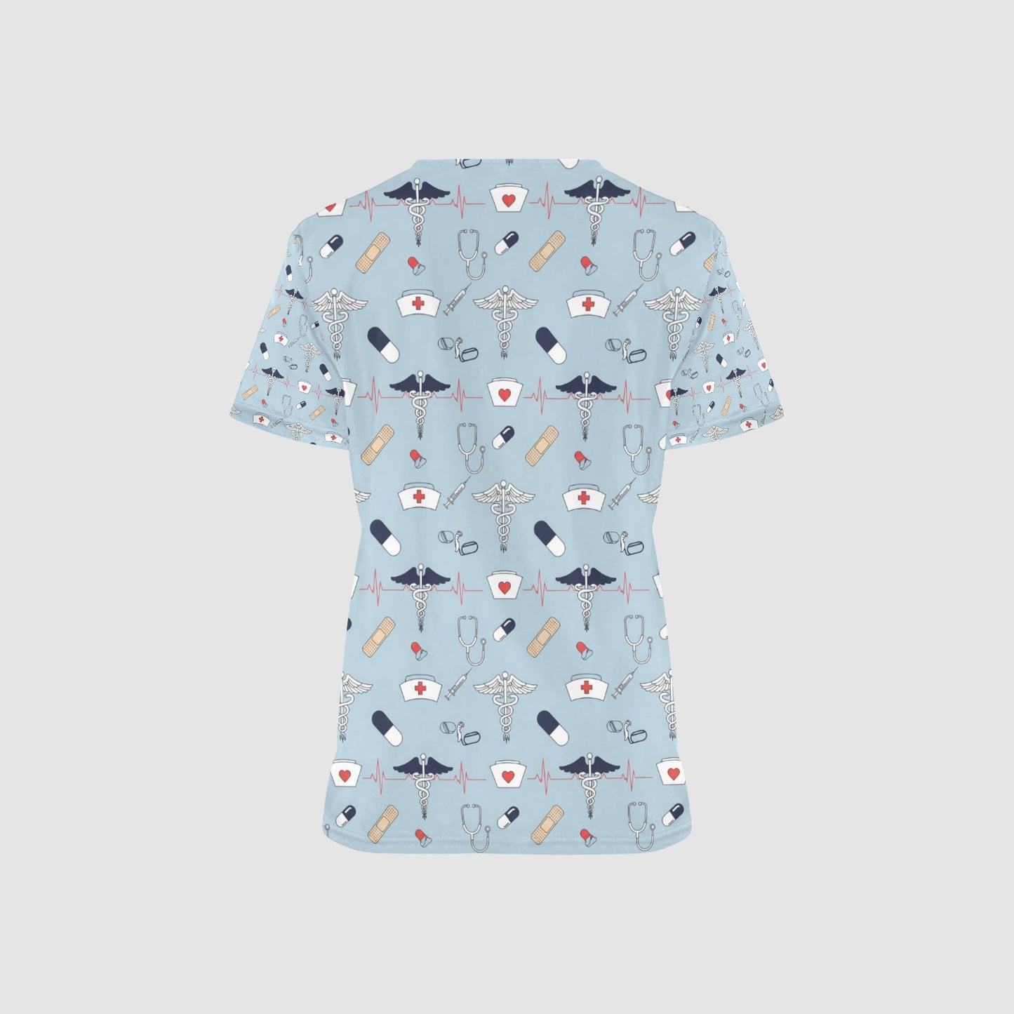 Women's Light Blue Medical Icon Heartbeat All Over Print Scrub Top