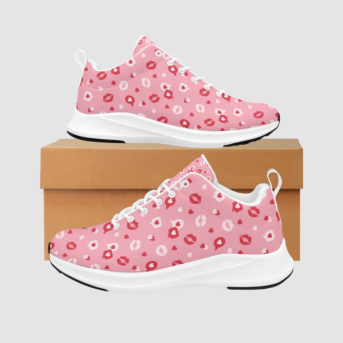 Women's Pink Red Kissy Lips Suede Breathable Leather Running Sneakers